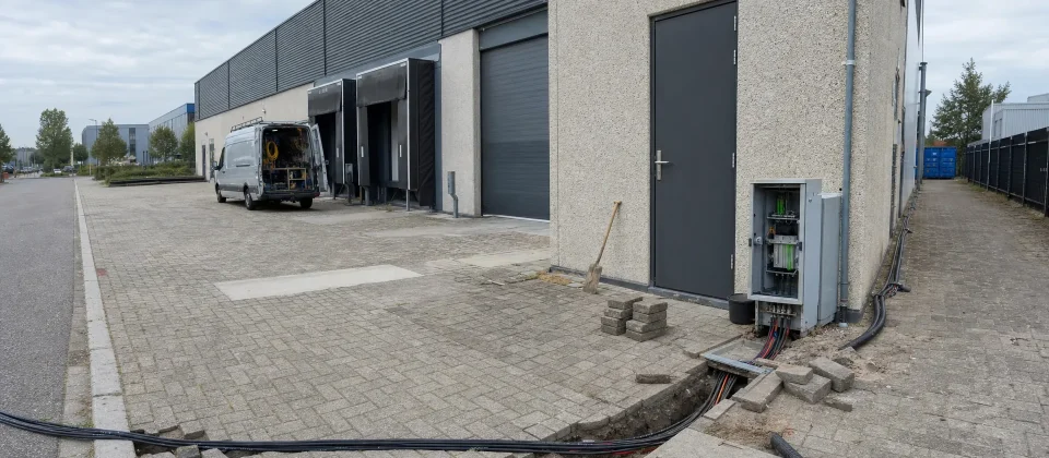 Een bedrijfsgebouw op een Tilburgs bedrijventerrein met een geopende glasvezelroute in het trottoir en twee zichtbare kabeltrajecten naar verschillende kanten.