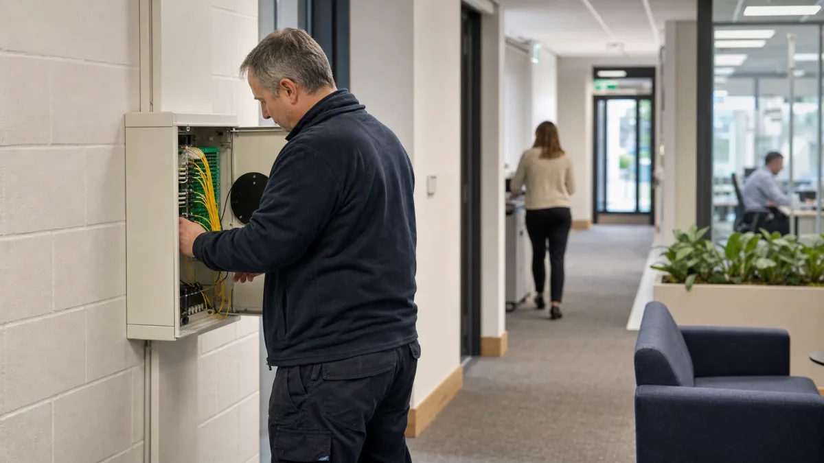 Een facilitair manager controleert de glasvezelvoorziening in de servicegang van een kantoor, een praktisch onderdeel van de bedrijfsvoering.