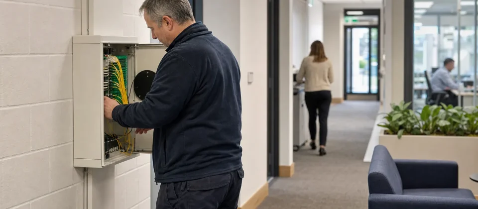 Een facilitair manager controleert de glasvezelvoorziening in de servicegang van een kantoor, een praktisch onderdeel van de bedrijfsvoering.