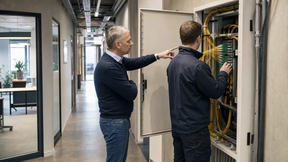 Een ICT-manager en een monteur overleggen bij een glasvezel kast in een bedrijfskorridor.