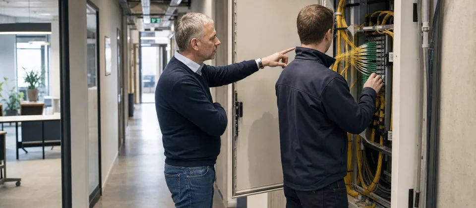 Een ICT-manager en een monteur overleggen bij een glasvezel kast in een bedrijfskorridor.