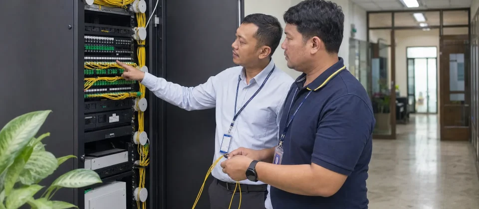 Een ICT-manager en technicus bekijken een glasvezelaansluiting in de gang van een bedrijfsgebouw in Tilburg.