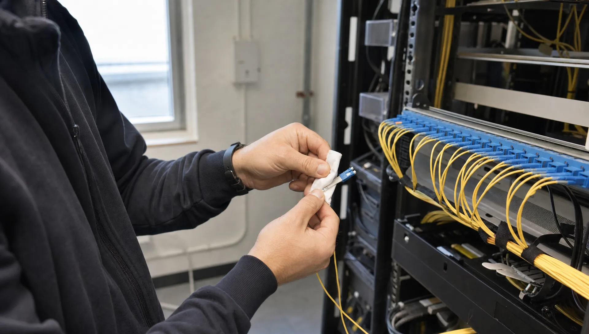 Een monteur reinigt een glasvezelconnector bij een patchpaneel in een technische ruimte in Tilburg.