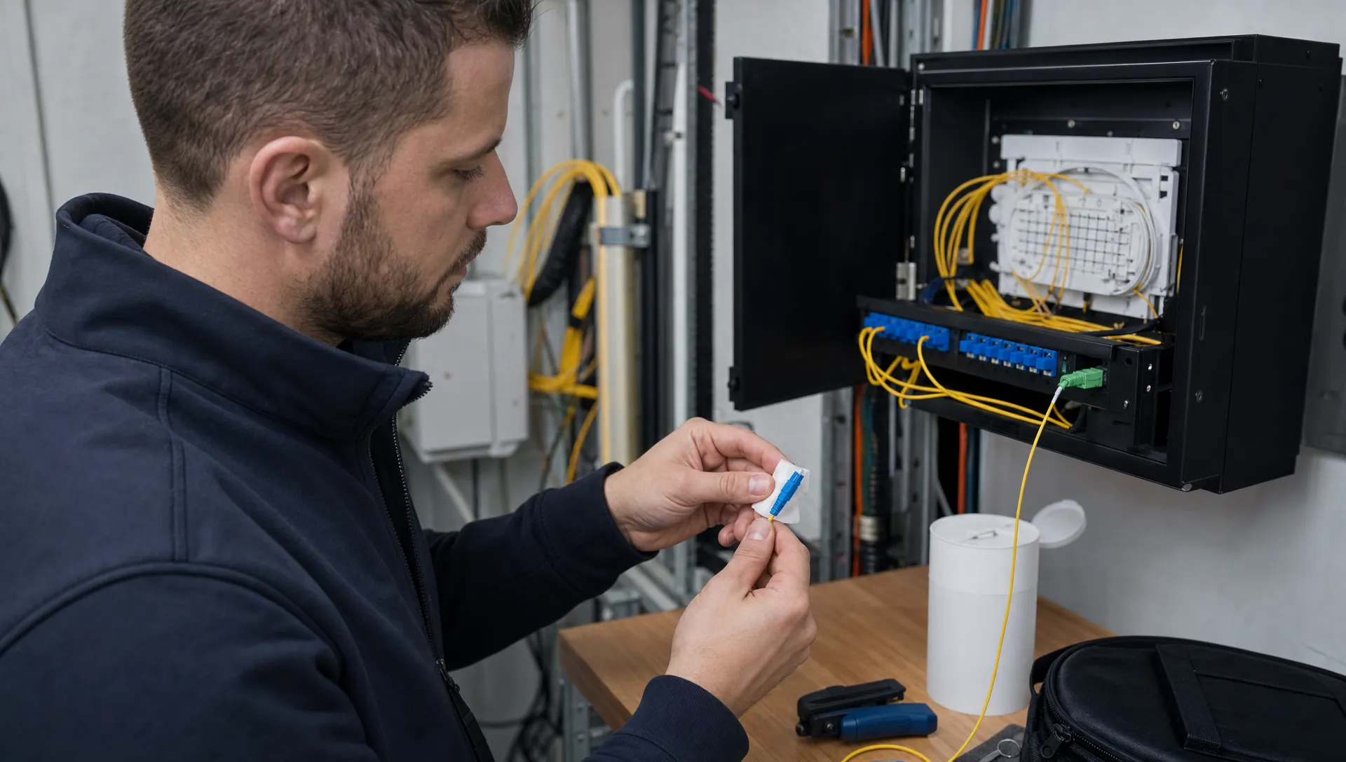 Een monteur reinigt een glasvezelconnector bij het overdrachtspunt van een zakelijk internet abonnement in een technische ruimte, met patchkabels op de achtergrond.