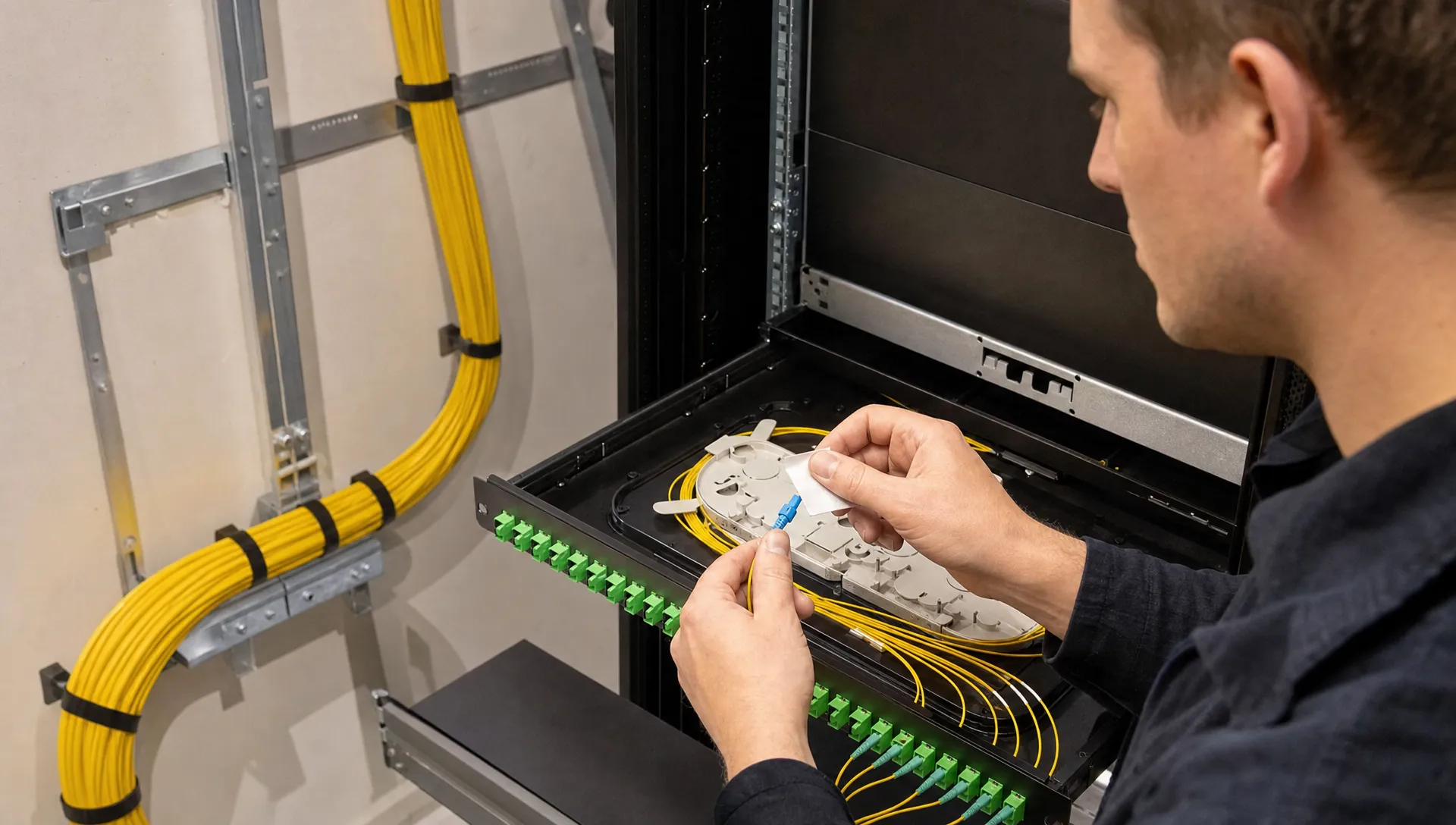 Een monteur reinigt een glasvezelconnector boven een geopende patchlade in de technische ruimte van een Tilburgs bedrijfsgebouw, met de kabelbocht en aansluitpunten eromheen zichtbaar.
