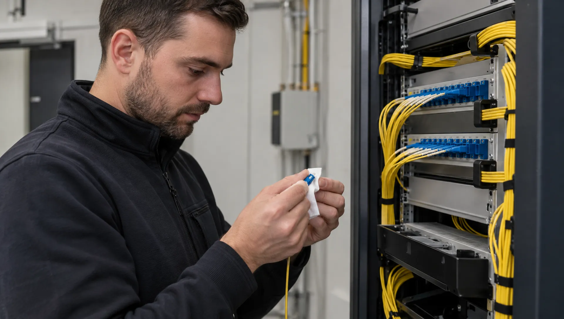 Een monteur reinigt een glasvezelconnector naast een verzorgd patchpaneel in de technische ruimte van een bedrijfspand.