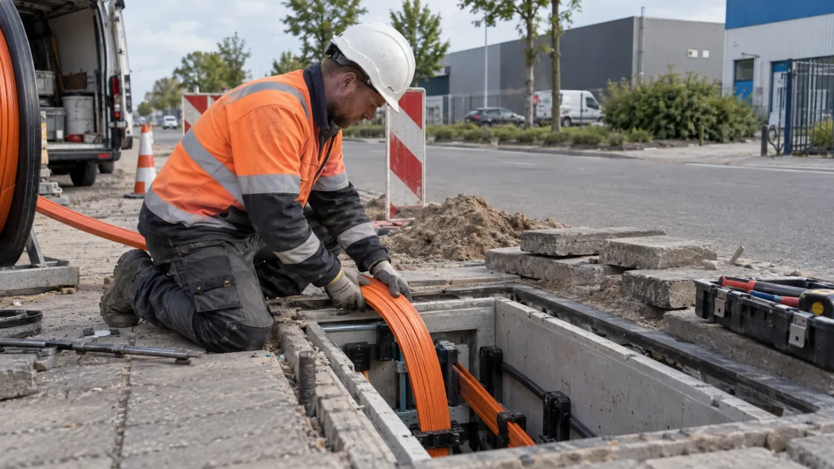 Een monteur werkt aan een glasvezelduct bij een ondergrondse toegang op een bedrijventerrein in Tilburg.