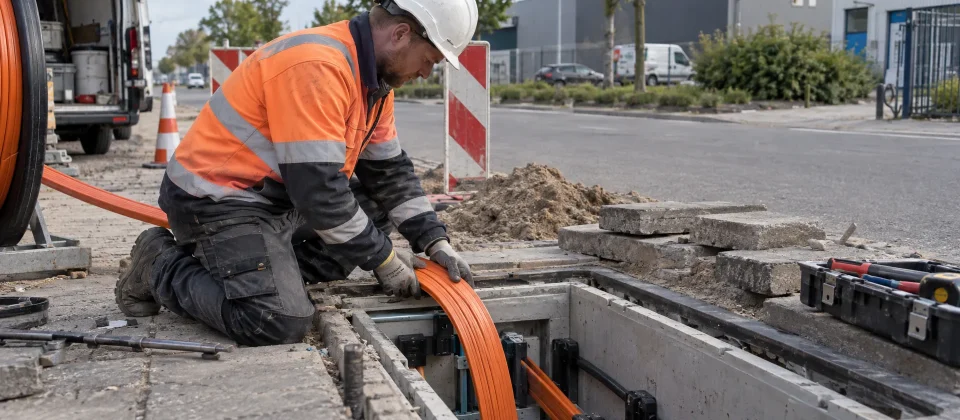 Een monteur werkt aan een glasvezelduct bij een ondergrondse toegang op een bedrijventerrein in Tilburg.