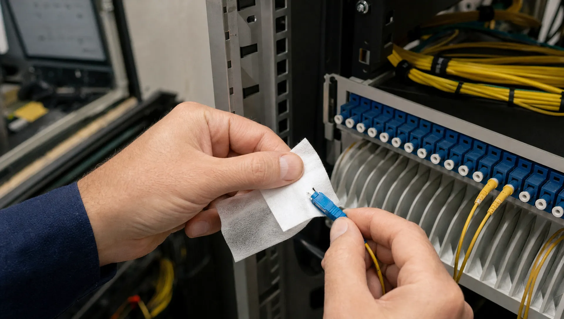 Een technicus reinigt een glasvezelconnector bij het fysieke overdrachtspunt in een technische ruimte van een Tilburgs bedrijf.