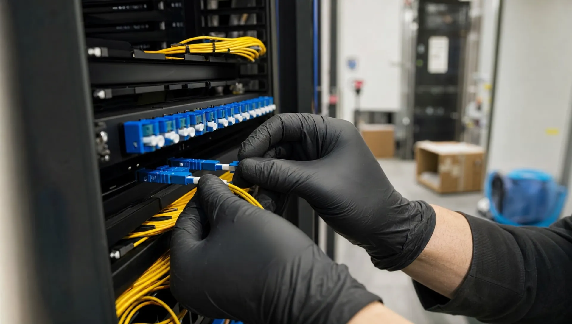Gloved hands plaatsen een glasvezelconnector in een patchpaneel in een technische ruimte van een bedrijfslocatie in Tilburg.