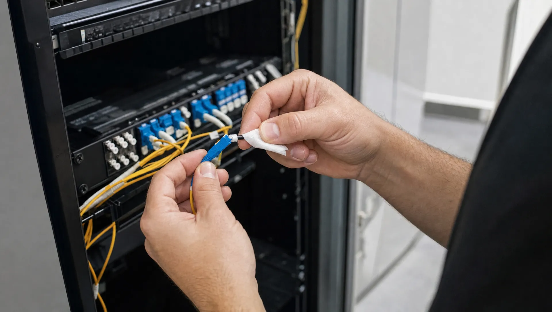 Handen van een monteur die een glasvezelconnector reinigen bij een patchpaneel in een technische ruimte van een Tilburgs bedrijf.
