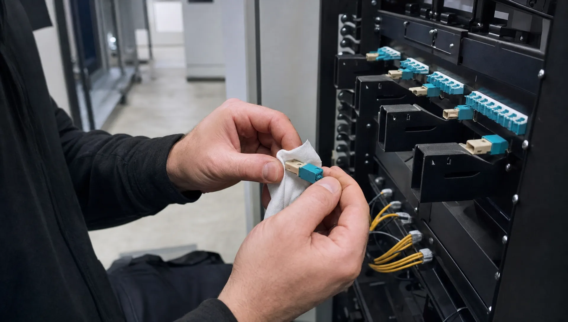 Handen van een monteur reinigen een glasvezelconnector bij een patchpaneel in een technische ruimte in Tilburg, voor een private locatieverbinding tussen vaste locaties.