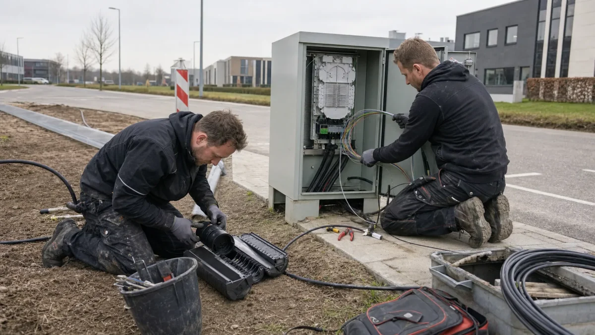 Twee monteurs leggen glasvezel in een kabelput naast een open sleuf op een bedrijventerrein.