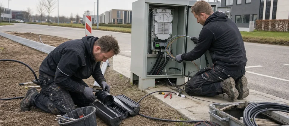 Twee monteurs leggen glasvezel in een kabelput naast een open sleuf op een bedrijventerrein.