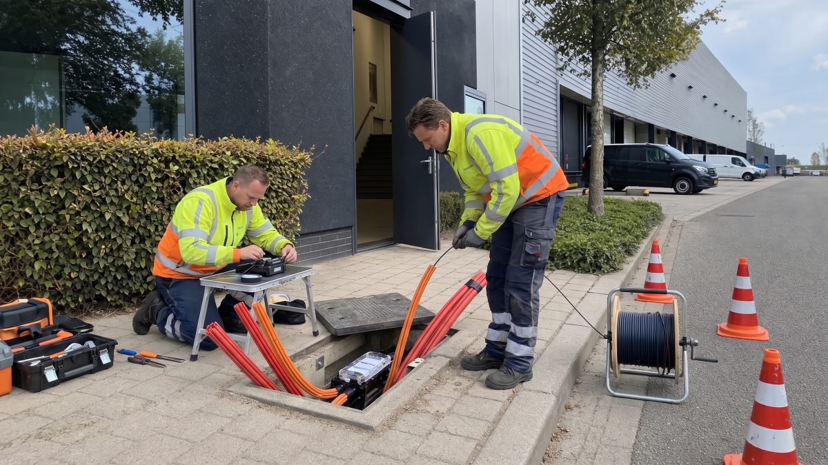 Twee monteurs leggen glasvezelkabel naar een bedrijfspand op een Tilburgs bedrijventerrein, passend bij een zakelijk internetabonnement zonder leverancierslock-in.