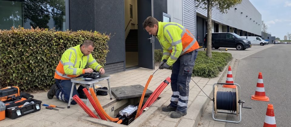 Twee monteurs leggen glasvezelkabel naar een bedrijfspand op een Tilburgs bedrijventerrein, passend bij een zakelijk internetabonnement zonder leverancierslock-in.