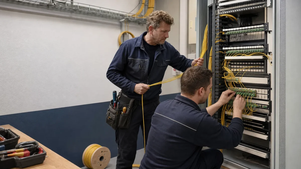 Twee technici werken samen aan een glasvezelpatchveld in een technische ruimte van een Tilburgs bedrijf.